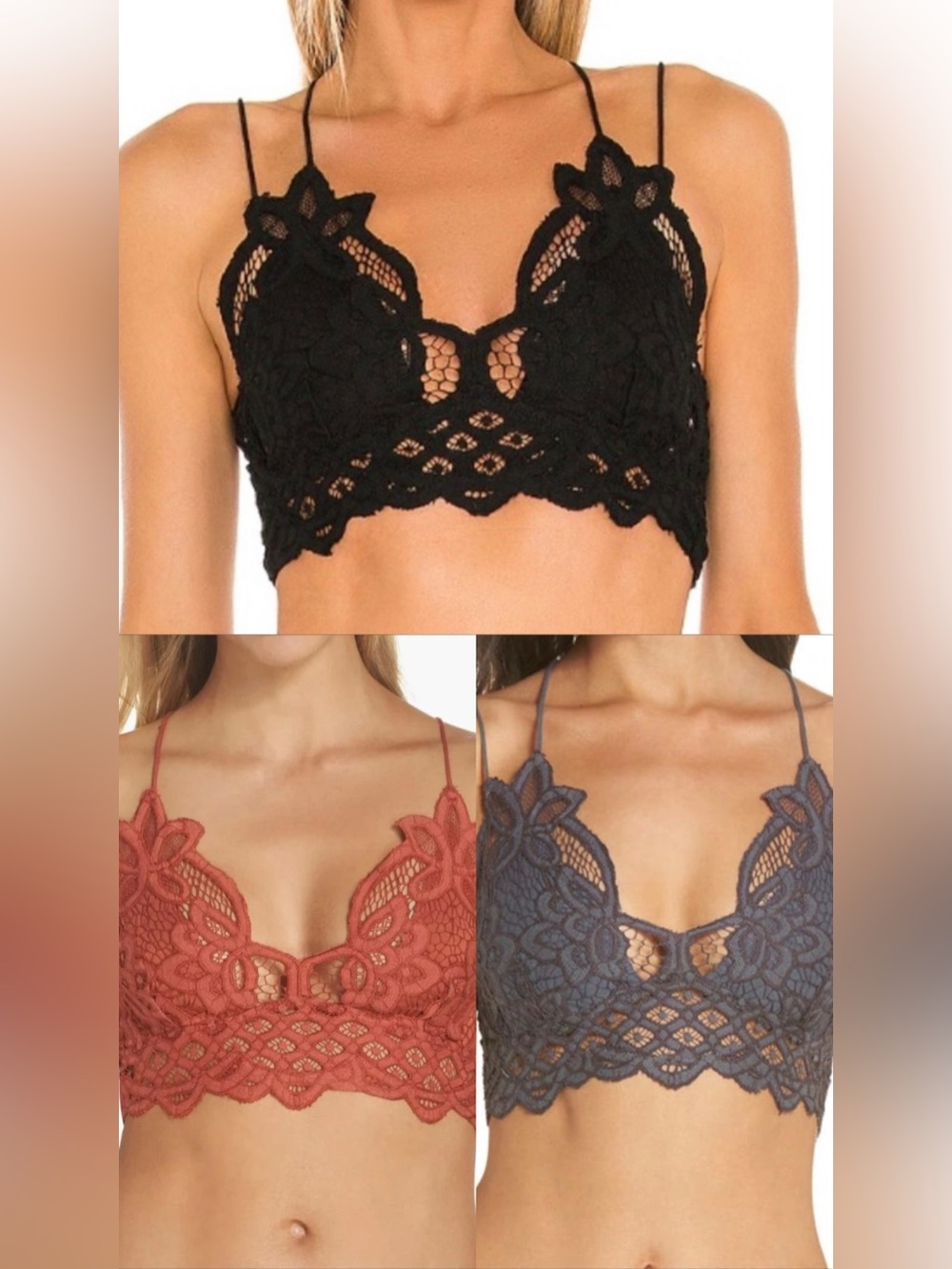 NWT Set of 3 Small Free People Adella Lace Bralettes - Black, Copper, Charcoal